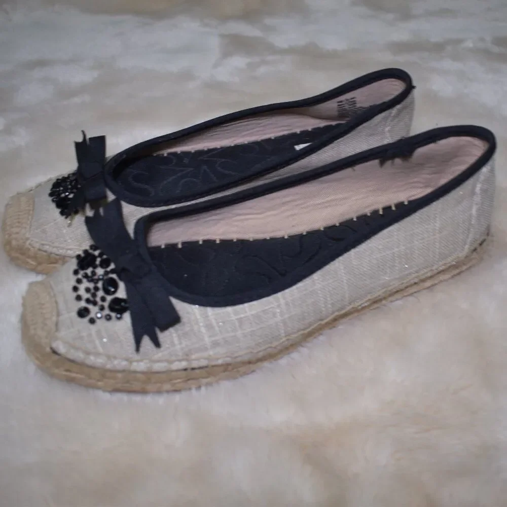 Simply Vera Wang Espadrilles Flats Beige Black Embellished Slip-On Size 7.5